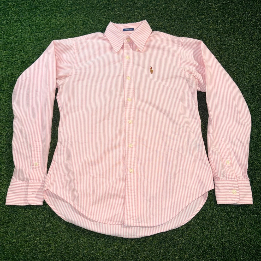 Ralph Lauren Classic Fit Pink White Striped Cotton Button Down Shirt Size 2